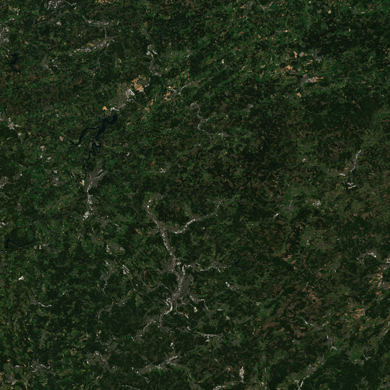 Sentinel-2-Satellitenaufnahme eines geschlossenen Waldgebiets im Sauerland, Nordrhein-Westfalen